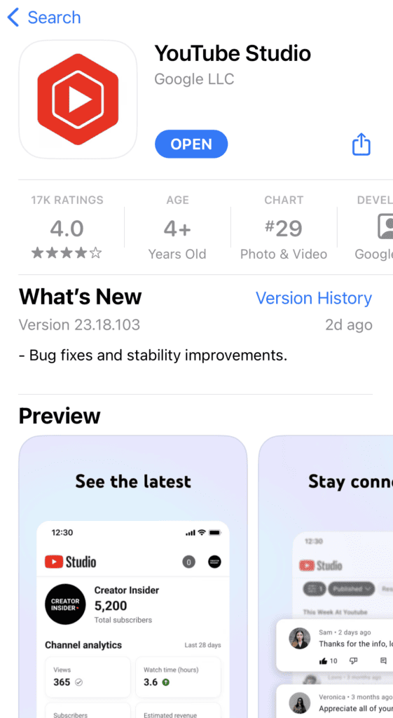YouTube Studio Apple App page