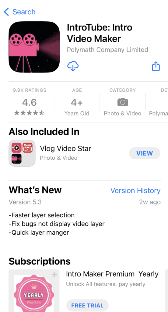 Introtube Apple App page