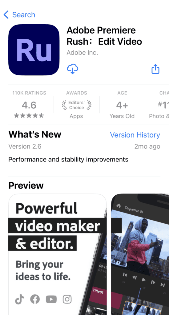 Adobe Premiere Apple App page